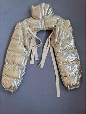Impulsive Jacket Womens M Gold Metallic Puffer Satin Cropped Shrug Festival
